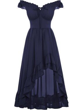 Women's Navy Blue Renaissance Corset Dress Off Shoulder High-Low Chiffon
